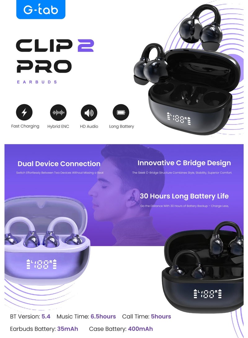 G-Tab CLIP 2 PRO Open Ear Clip Earbuds Bluetooth 5.4 Wireless Earphones, C-Bridge Clip Earbuds with Noise Cancellation, Touch Control, Stereo Sound, Waterproof, Type-C Charging, True Wireless Earbuds for iPhone & Gaming - Image 2